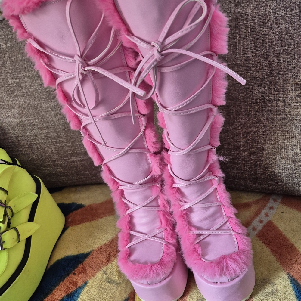 Demonia Pink Furry Platform Boots
